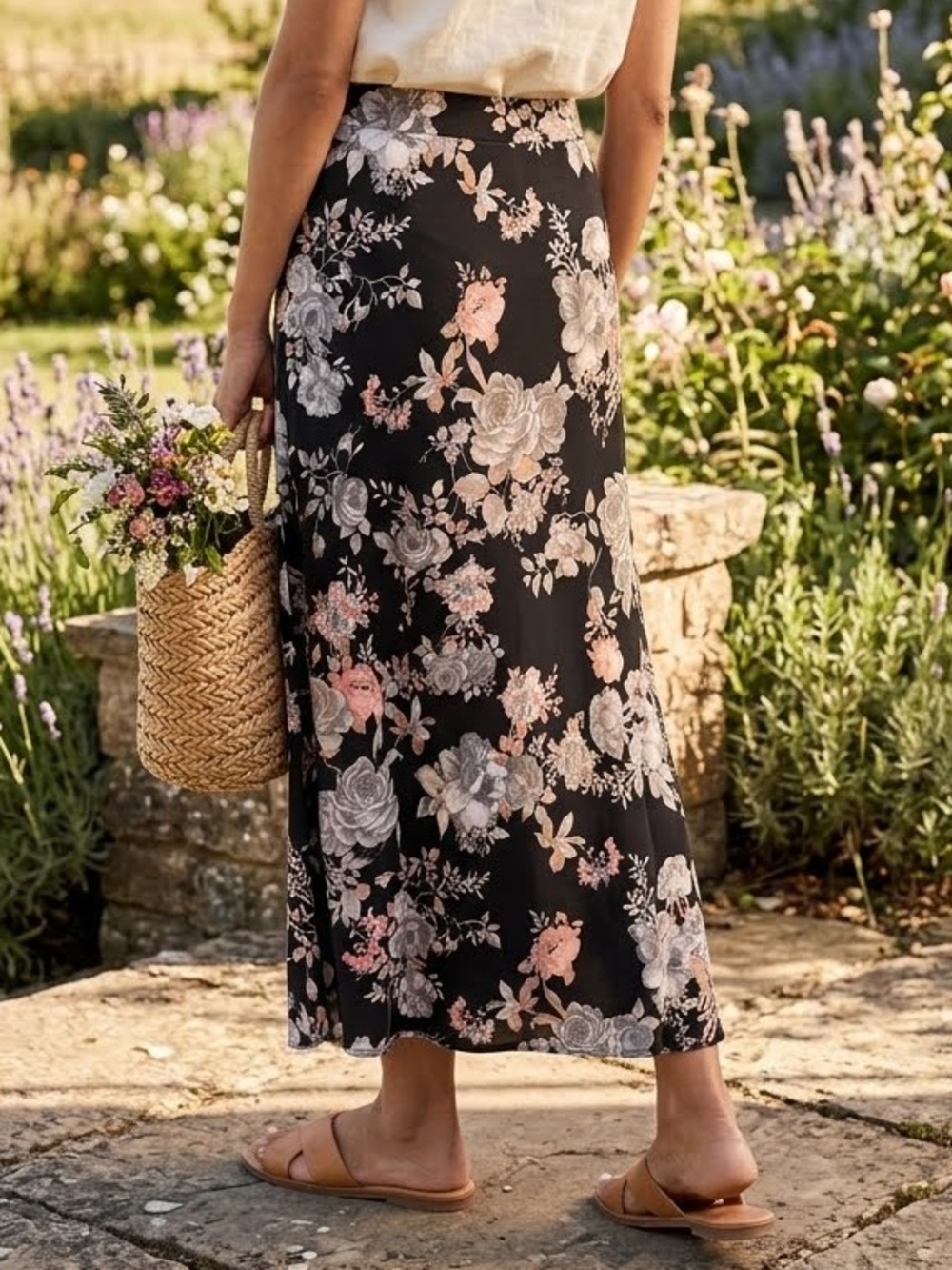 Mi Ami Maxi Slip Skirt Black Pink White Gray Floral Lightweight juniors large